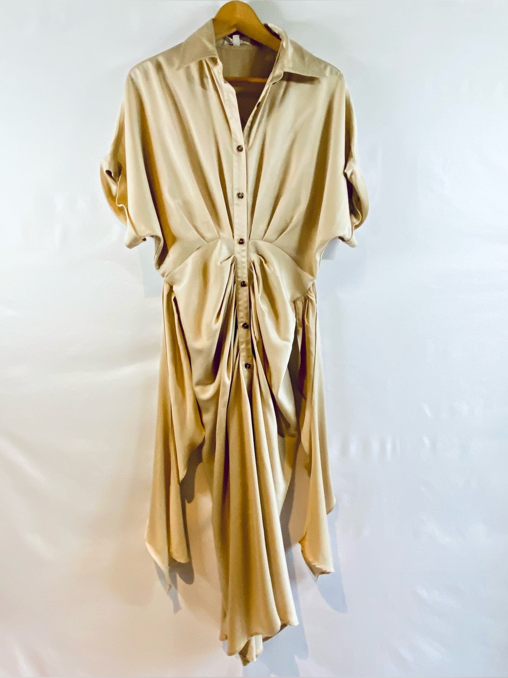 Mabel Gwen Cream Satin Tie-Front Long Sleeve Midi Shirt Dress, Size M - Picture 3 of 12